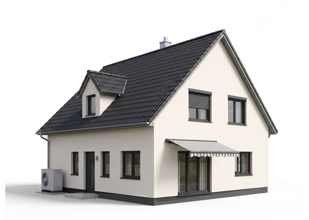 Ein Wohnhaus mit Satteldach und Gaube. Am Giebel ein Rollladen und eine Markise, auf dem First eine L&uuml;ftungshaube, an der Traufseite eine W&auml;rmepumpe.