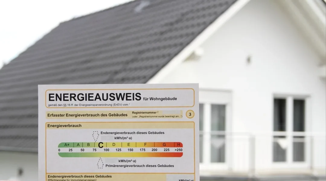 Ausgefüllter Energieausweis vor einem Wohnhaus · Symbolbild