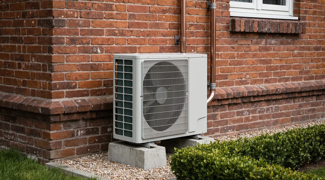 Wärmepumpe an der Außenwand eines Wohnhauses